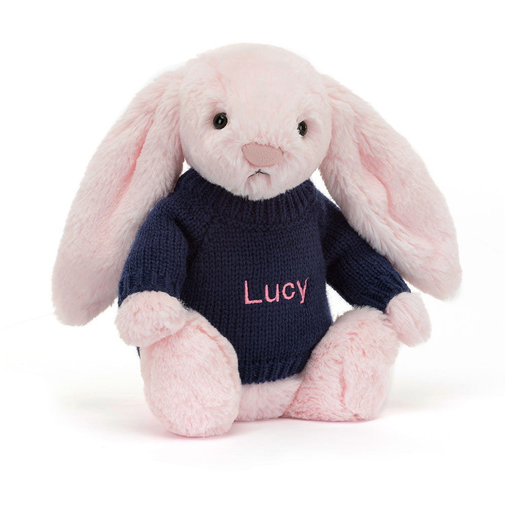 Bashful Pink Bunny with Personalized Navy Jumper