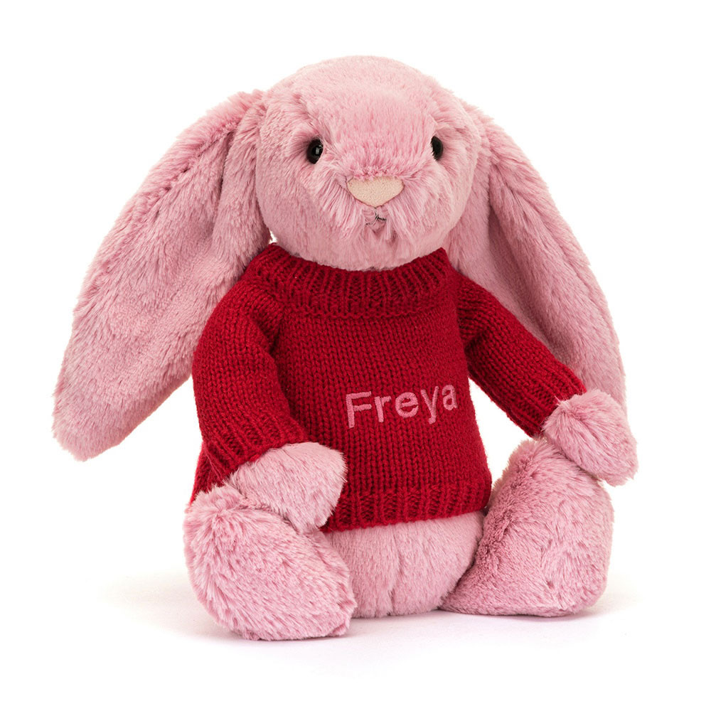 Bashful Tulip Pink Bunny with Personalized Red Jumper