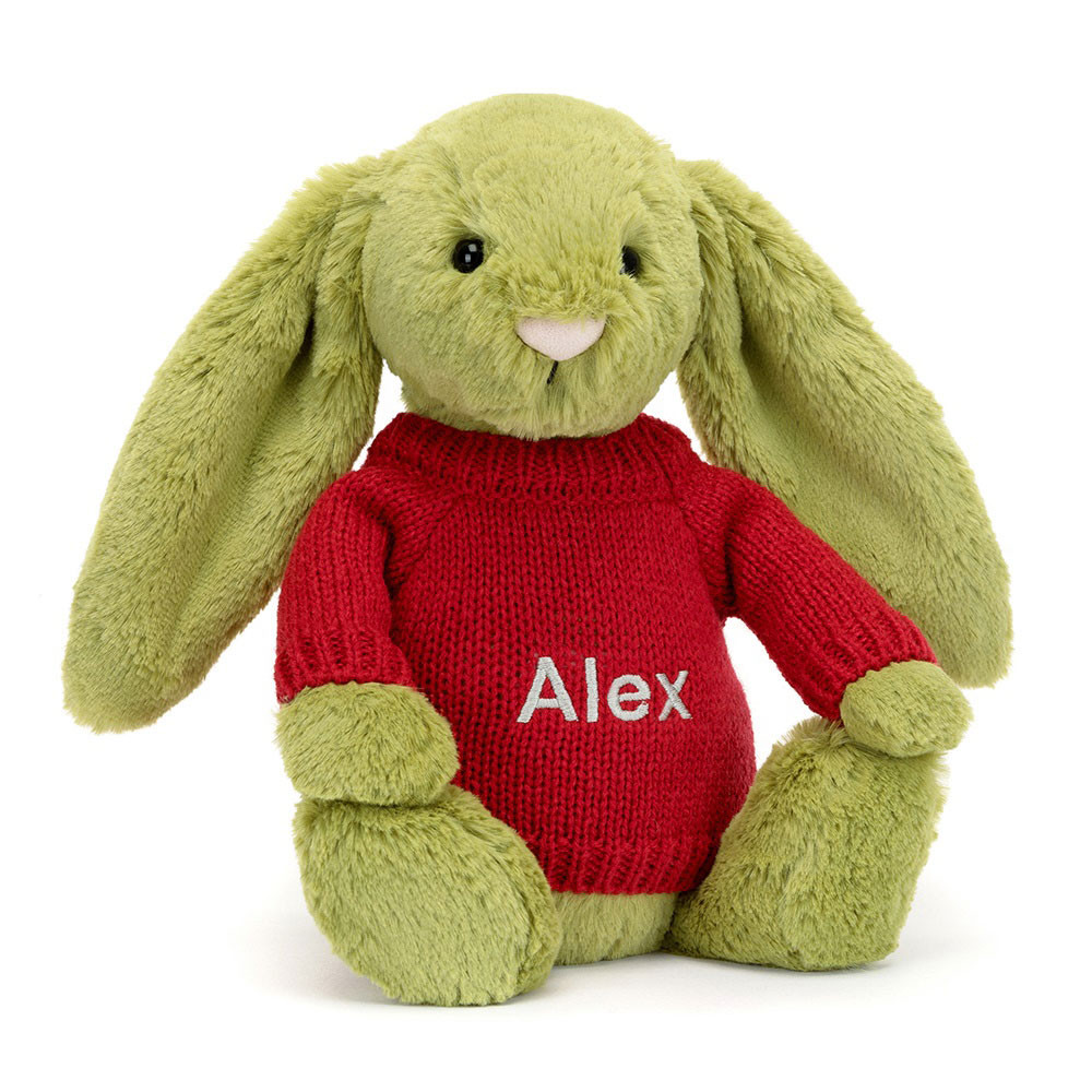 Bashful Moss Bunny with Personalized Red Jumper